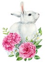 Bunny on isolated white background, bunny and Jasmin, rose flowers, leaves. Easter rabbit. Watercolor Cute animal