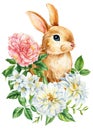 Bunny on isolated white background, bunny and Jasmin, rose flowers, leaves. Easter rabbit. Watercolor Cute animal