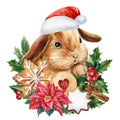 Bunny on isolated white background, painted with watercolor, fluffy rabbit, kids funny poster. Holiday card