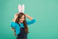 Bunny kisses, Easter wishes. Happy bunny rabbit. Small child wear bunny ears. Beauty look of cute bunny. Little girl