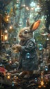 A bunny in a lab coat mixing colorful potions that explode in bubbles in a magical forest laboratory Royalty Free Stock Photo