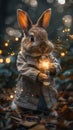 A bunny in a lab coat mixing colorful potions that explode in bubbles in a magical forest laboratory Royalty Free Stock Photo
