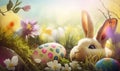 a bunny is laying in the grass with eggs and flowers around it, with a butterfly on its ear and a flower in the foreground