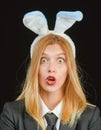 Bunny mask woman. Rabbit and girl. Easter woman with bunny costume. Beautiful woman in fashion bunny mask. Bunny