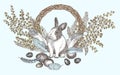 Bunny, mimosa and Easter eggs wreath. Birds Feathers. Engraved vintage style. Greeting card. Line art happy rabbit