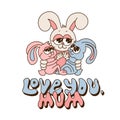 The Bunny mom is hugging her children, son amd daughter, with a phrase - love you, Mum. Retro cartoon family rabbits