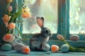 Bunny, painted Easter eggs and spring flowers, tulips near a vintage window, delicate muted pastel blue-turquoise color, concept Royalty Free Stock Photo