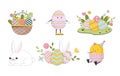 Bunny paschal eggs line cartoon flat illustrations set