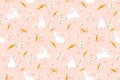 Bunny pattern. Cute Easter bunnies seamless background with carrots, eggs
