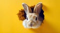 Bunny peeking out of a hole in yellow wall Royalty Free Stock Photo