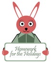 Bunny with placard, holiday homework, English, isolated. Royalty Free Stock Photo