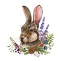 Bunny portrait with wild flowers and herbs. Watercolor illustration. Realistic hand drawn rabbit animal. Rustic natural