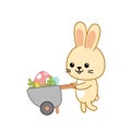 Bunny is pushing a garden cart with big pink Easter egg. Wheelbarrow with flowers. Cartoon, vector. Royalty Free Stock Photo