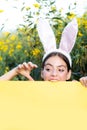Bunny rabbit ears costume. Surprised bunny couple wearing bunny ears, copy space. Smile easter.