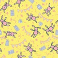 Bunny Rabbit Gift Star Ribbon Streamer Dots Stripes Seamless Pattern