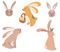 Bunny rabbit set. Cute rabbits with flowers, baskets with eggs.