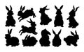 Bunny rabbit silhouette. Jump easter black shadow animal, cute wild spring meadow, sketch contour. Different poses Royalty Free Stock Photo