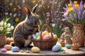 Bunny rabbit sits next to a basket of Easter eggs. Easter Scene