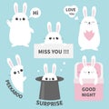 Bunny rabbit sticker emotion emoji icon set. Miss you. Hi. Good night, love you. Funny head face. Cute cartoon character. Magic ha