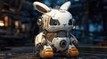 A bunny robot with a helmet and goggles on sitting in front of some machinery, AI
