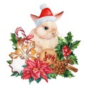 Bunny in Santa hat on isolated white background, watercolor fluffy rabbit, kids funny poster. Winter holiday animal.