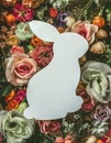 Bunny shape made of colorful flowers; Top view, flat lay; Creative minimal spring or Easter background Royalty Free Stock Photo