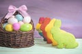 Bunny shaped cookies and Easter eggs Royalty Free Stock Photo