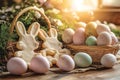 Bunny-shaped cookies sit alongside a basket filled with vibrant Easter eggs, illuminated by warm kitchen lighting that Royalty Free Stock Photo