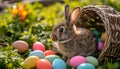 Bunny sitting in basket with colorful easter eggs. AI generated. Royalty Free Stock Photo