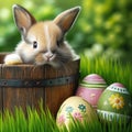 Bunny Sitting in Basket With Easter Eggs, Adorable Spring Celebration Scene Royalty Free Stock Photo