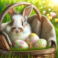 Bunny Sitting in Basket With Easter Eggs Royalty Free Stock Photo