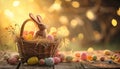 Bunny Sitting in Basket With Eggs Royalty Free Stock Photo