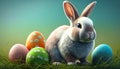 Bunny sitting with colourful easter eggs. Generative AI