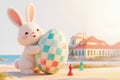 Cute bunny holds colorful egg near beach house during sunny day Royalty Free Stock Photo