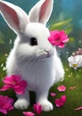 Bunny in a spring meadow with small white flowers, cute rabbit in green grass with blossoms Royalty Free Stock Photo