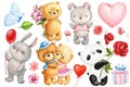 Bunny, Teddy bear, panda with rose and butterfly, Hand painted watercolor illustration isolated background. Cute animal