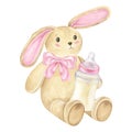 Bunny toy for girls. Vector illustration of cartoon Rabbit with a milk bottle. Watercolor drawing of cute hare. For baby Royalty Free Stock Photo