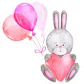 Bunny Valentine's Day with balloons and a valentine card Watercolor hand painted cartoon rabbit love clipart Royalty Free Stock Photo