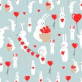 Bunny vector seamless pattern. ValentineÃ¢â¬â¢s Day element. Character design cute animal with red hearts, love for Valentine day. Do Royalty Free Stock Photo