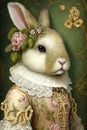 Bunny in Victorian dress with flowers. Rabbit for t-shirt graphics. Generative AI