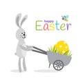 Bunny, wheelbarrow, Easter egg. Rabbit, barrow. Happy Easte card. Flat, cartoon, isolated Royalty Free Stock Photo