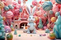 A bunny in a whimsical wonderland filled with giant Easter eggs, candy-filled trees, and a magical Easter-themed carousel. 3d