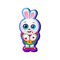 The bunny is white, cheerful, stretched out its arms and gives hearts. Hugs. Cute cartoon character design. Sticker. Vector