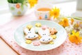 bunnyshaped cookies on a plate with spring flowers Royalty Free Stock Photo