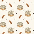 Buns with cinnamon sticks andcoffee beans seamless pattern