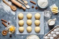 Buns dough homemade preparing recipe, ingridients food flat lay Royalty Free Stock Photo