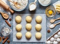 Buns dough preparing recipe bread or pie making ingridients, food flat lay on kitchen table