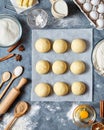 Buns dough traditional homemade preparation recipe, ingridients food flat lay Royalty Free Stock Photo