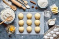 Buns dough traditional homemade preparing recipe, ingridients food flat lay Royalty Free Stock Photo