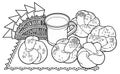 Buns, milk, napkins hand drawn vector doodle illustration Royalty Free Stock Photo